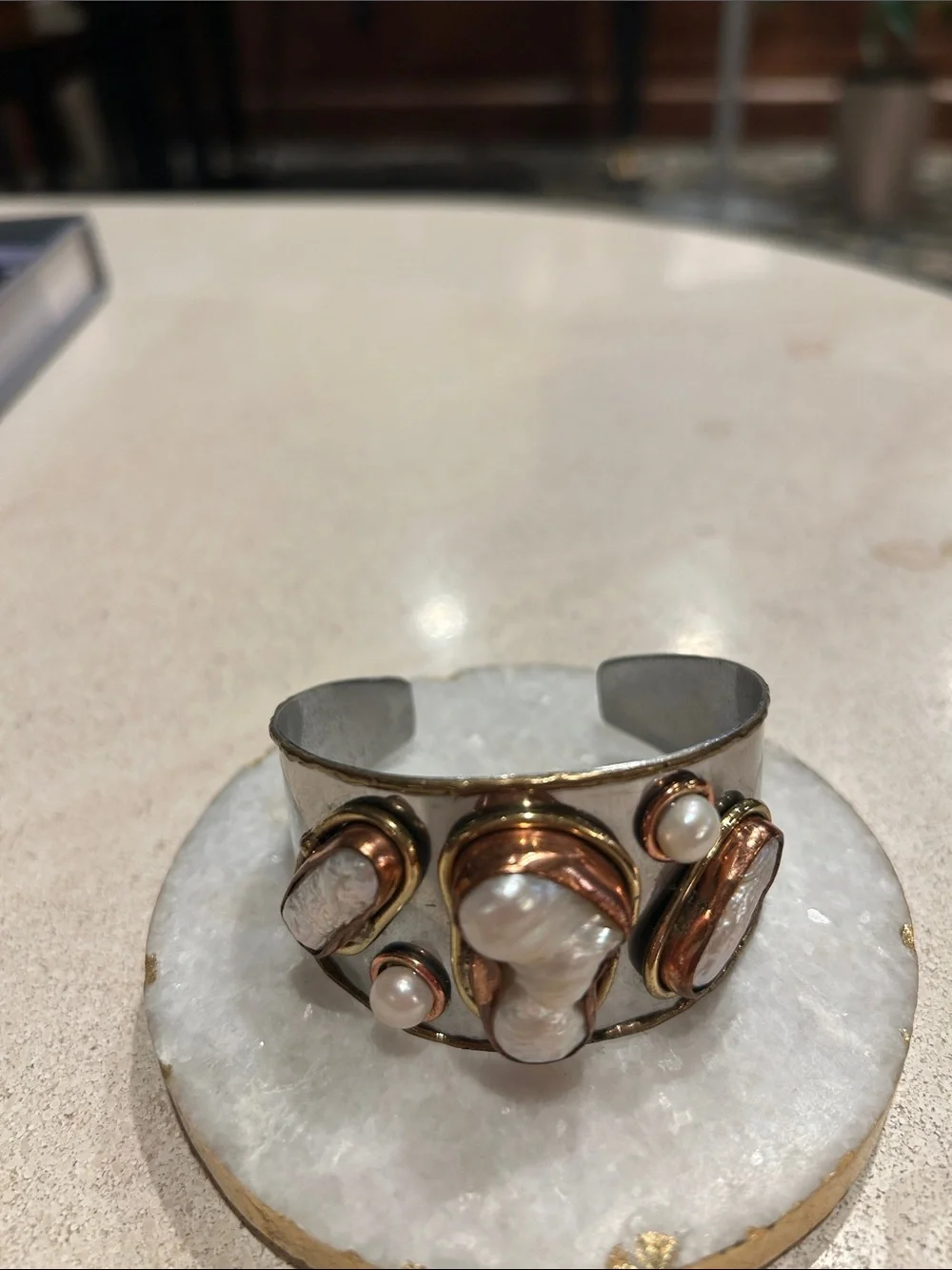 Handcrafted baroque pearl and Rose Gold Accent Cuff Bracelet - Boho Festival,